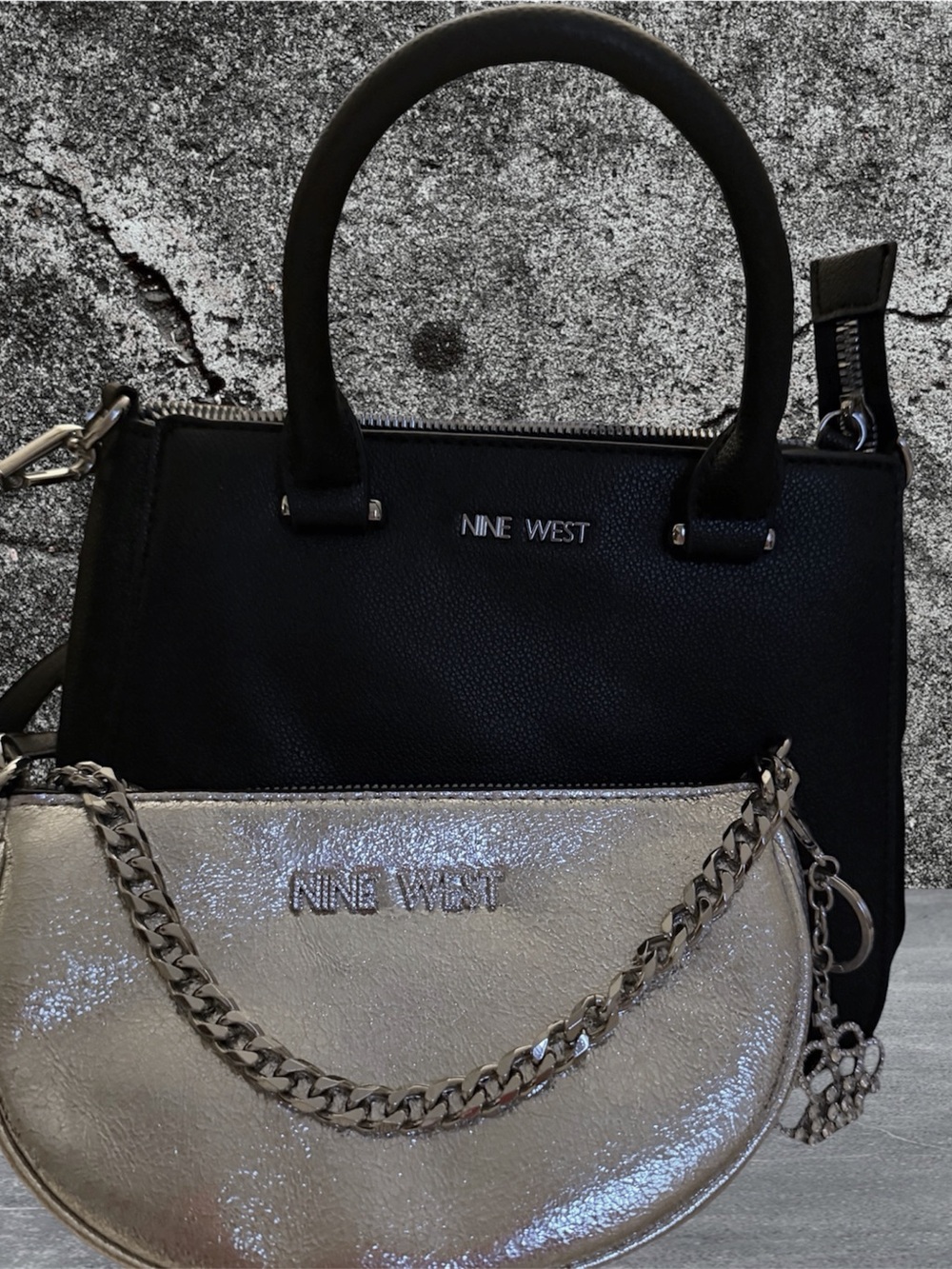 Nine West Black Tote with Silver Metallic Chain Pouch SET
